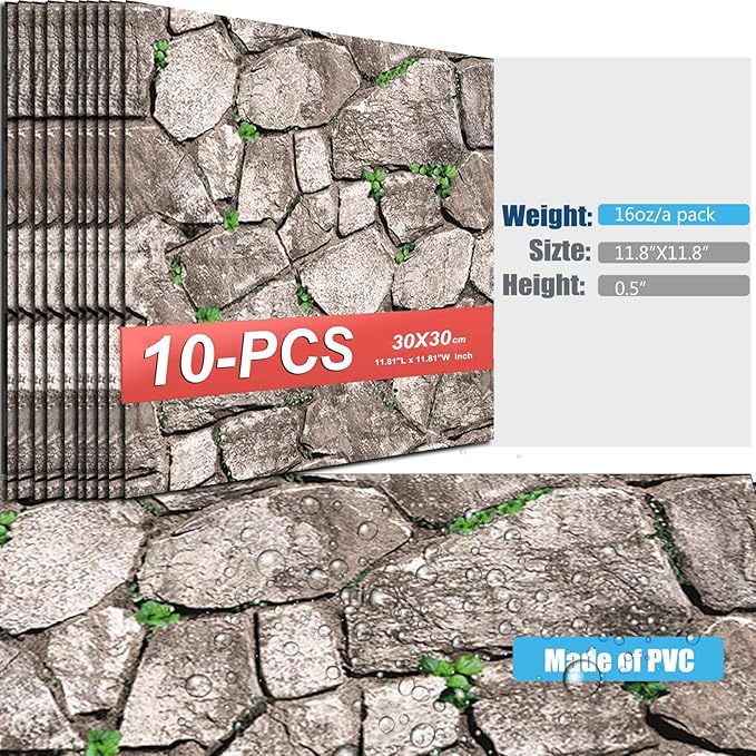 10PCS 3D Wall Panels Peel and Stick, Brick Pattern in Brown and Rust Tones Faux Stone Wall Panel Foam Brick Self-Adhesive Wallpaper (11.8in*11.8in) (Green Stone)