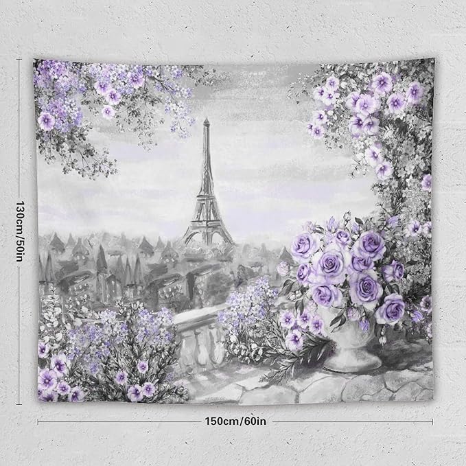 ZhiRain Vintage Paris Tapestry Wall Hanging Eiffel Tower Purple Rose Flower Spring Cityscape Gray Tapestries Home Decor for Living Room Bedroom Apartment Farmhouse Dorm 50"x60"