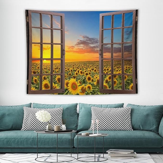 ZhiRain Sunflowers Scenery Tapestry Wall Hanging Through The Window Fields Sunset Landscape Tapestries Home Decor for Living Room Bedroom Apartment Farmhouse Dorm 60"x80"