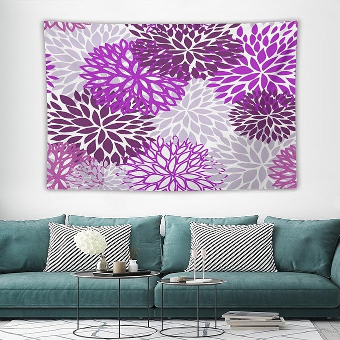 ZhiRain Dahlia Flower Tapestry Wall Hanging Purple Abstract Floral Chrisanthemum Pattern Tapestries Home Decor for Living Room Bedroom Farmhouse Apartment Dorm 40"x60"
