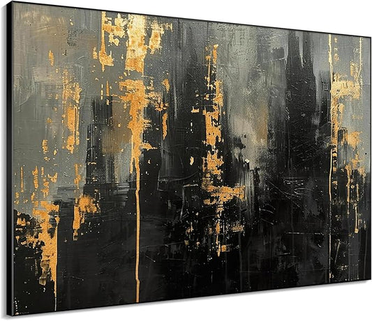 46"x60" XL Framed Wall Art - Modern Black and Gold Urban Wall Art (Frame Assembly Required)