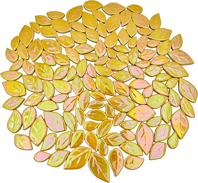 500g/1.1lb Leaf-Shaped Ceramic Mosaic Tiles,Ceramic Mosaic Pieces for Crafts,Mosaic Tiles for Home Decoration or DIY Crafts,Mosaic Making Supplies. (Iridescent Yellow)