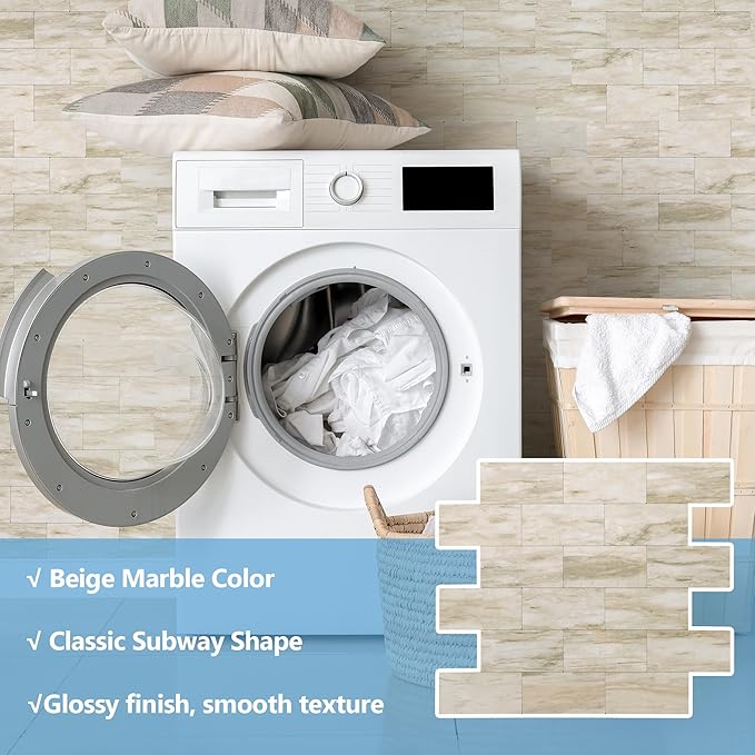 10-Pack Peel and Stick Tile Backsplash 12"X12" PVC Wall Tiles, Stick on Backsplash for Kitchen, Bathroom Tile, Fireplace Décor, Laundry Table, Stair Decals in Light Beige Stone