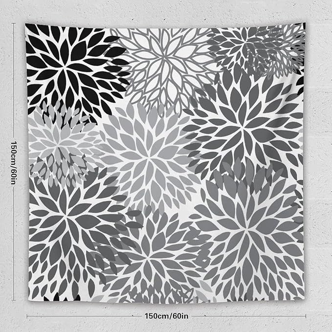 ZhiRain Black Grey Floral Tapestry Wall Hanging Boho Dahlia Chrisanthemum Flowers Pattern Tapestries Home Decor for Living Room Bedroom Farmhouse Apartment Dorm 60"x60"