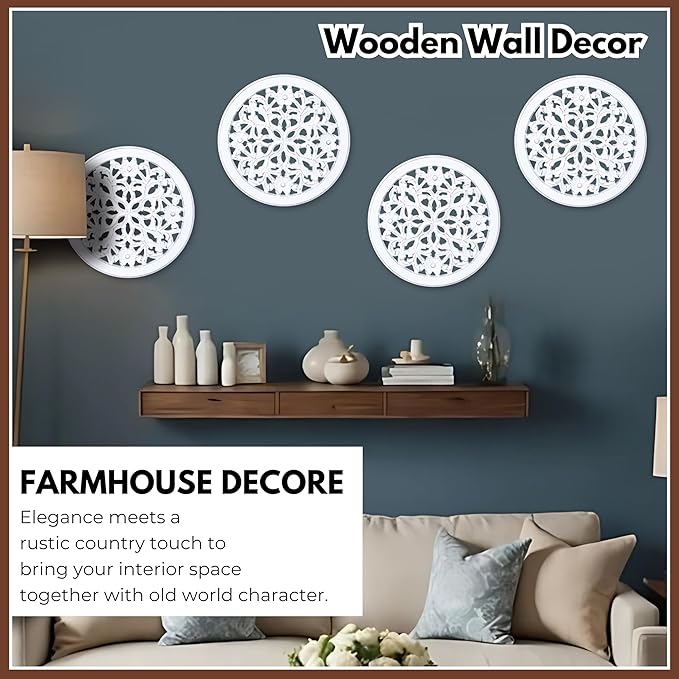 Woodify Hand-Carved Wooden Wall Décor – Set of 4, 12" x 12" Decorative Wood Panels, Floral Design, White Antique Finish, Wall Art for Living Room & Home Décor