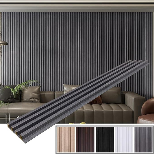 YLL YLL 6-Pack Slat Wall Panel with 2 Trims Wood Grain Slat Wall 96" x 6.2" WPC Slats 3D Wall Panels Grey Grille