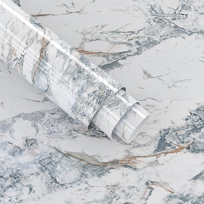 Adrmpest Cream Blue Gold Marble Peel and Stick Contact Paper Kitchen Marble Wall Paper Vinyl Wrap for Countertops Waterproof Granite for Cabinets Wallpaper Peel & Stick Countertop Covering Table Desk