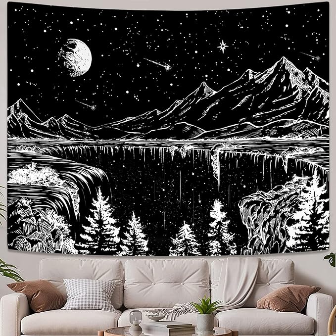 Zussun Black and White Tapestry Starry Night Mountain Tapestries for Bedroom Aesthetic Moon and Stars Tapastry's Wall Hanging Dark Nature Forest Wall Tapestry for Living Room Dorm (90'' × 68'')
