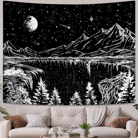 Zussun Black and White Tapestry Starry Night Mountain Tapestries for Bedroom Aesthetic Moon and Stars Tapastry's Wall Hanging Dark Nature Forest Wall Tapestry for Living Room Dorm (90'' × 68'')