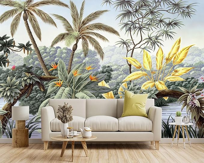 YIHWM -Tropical Botanical Palm Leaf Fabric Wallpaper Living Room Bedroom Bathroom Rainforest Plant Jungle Large Wall Mural- 160"x108"（ not Peel and Stick）