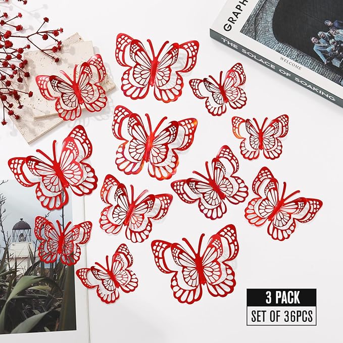 36PCS Butterfly Wall Decals - 3D Butterflies Wall Stickers Removable Mural Decor Wall Stickers Decals Home Decor Room Bedroom Decor Living Room Decor (Red)