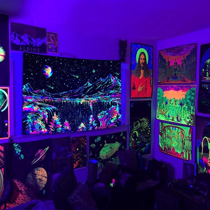 Zussun Blacklight Mountain Tapestry Starry Night Tapestries for Bedroom Aesthetic Moon and Stars Tapastry Wall Hanging Glow in The Dark Nature Forest Wall Tapestry for Living Room Dorm (90'' × 68'')
