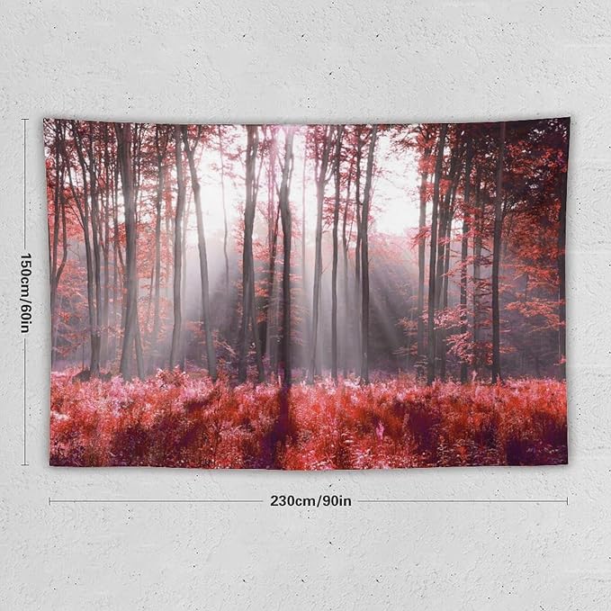ZhiRain Red Forest Tapestry Wall Hanging Season Foggy Nature And Enchanted Woods Wild Trees Print Tapestries Home Decor for Living Room Bedroom Apartment Farmhouse Dorm 60"x90"