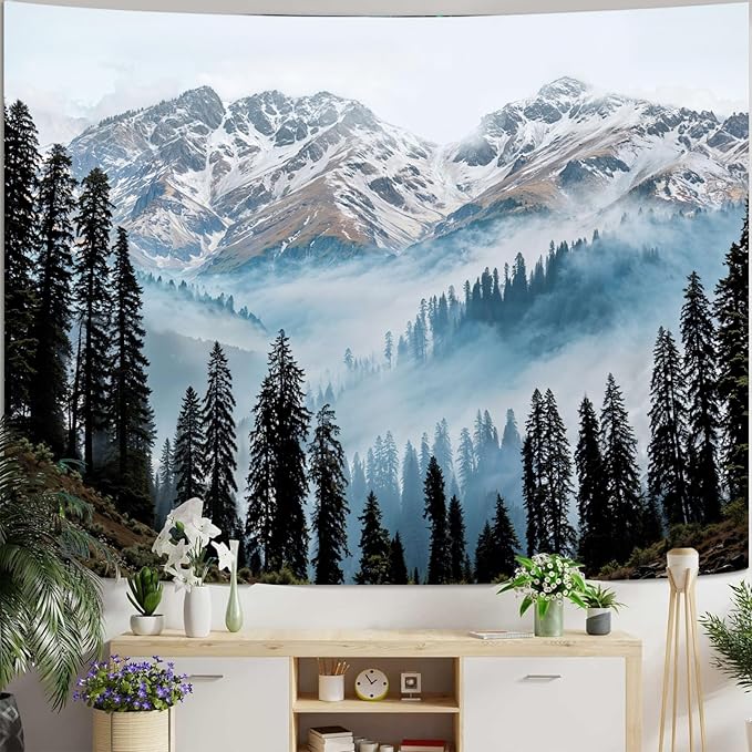 Zussun Nature Mountain Forest Tapestry Pine Tree Jungle Wall Tapestry for Bedroom Aesthetic Misty Snowy Landscape Large Tapestries Wall Hanging for Dorm Living Room Decor 80 x 60 Inch