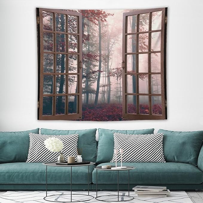 ZhiRain Nature Forest Tapestry Wall Hanging Autumn Mystic Foggy Fall Enchanted Woods Wild Trees Print Tapestries Home Decor for Living Room Bedroom Apartment Farmhouse Dorm 50"x60"