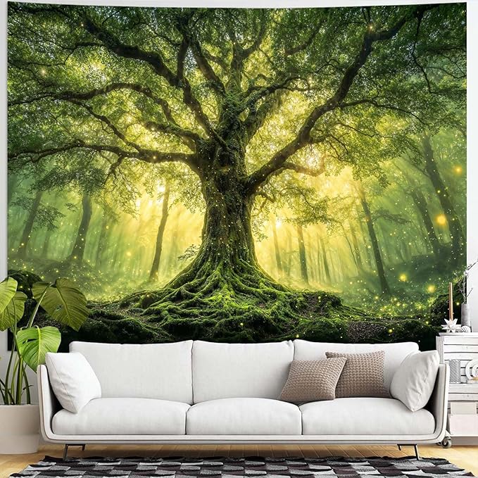Zussun Green Tree of Life Tapestry Fantasy Fairy Forest Wall Tapestry for Bedroom Aesthetic Nature Misty Woodland Small Tapestries Wall Hanging for Dorm Living Room Decor 48 x 36 Inch
