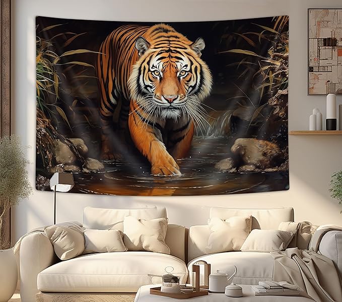 YDIDIAN Tiger Wall Art, Jungle King of The Forest, Stream Side Majestic Tiger Art Aesthetics - Wall Decor Tapestry for Home, College Dorm, Living Room - Panels 70 x 60IN