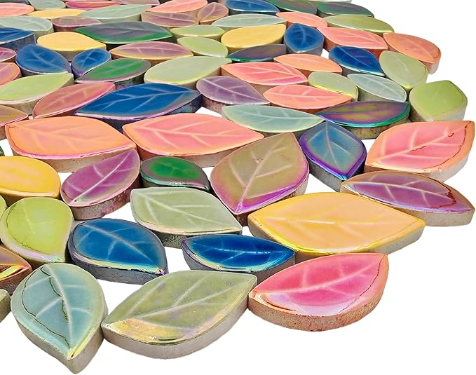 500g/1.1lb Leaf-Shaped Ceramic Mosaic Tiles,Ceramic Mosaic Pieces for Crafts,Mosaic Tiles for Home Decoration or DIY Crafts,Mosaic Making Supplies. (Iridescent Mixed Color)