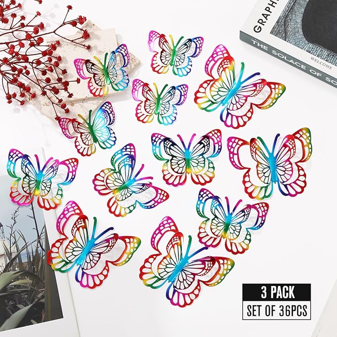 36PCS Butterfly Wall Decals - 3D Butterflies Wall Stickers Removable Mural Decor Wall Stickers Decals Home Decor Room Bedroom Decor Living Room Decor (Rainbow)