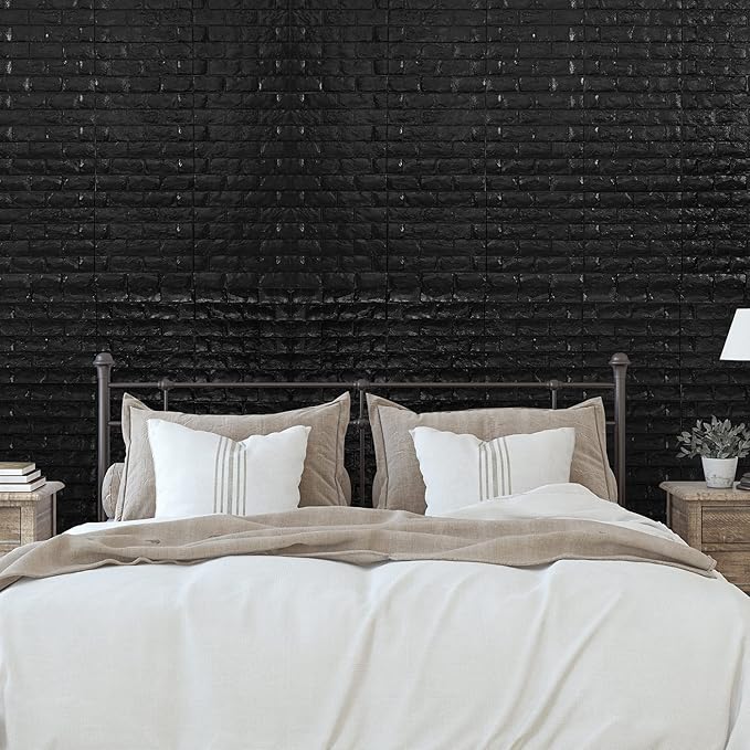 30PCS 3D Wall Panels Peel and Stick Faux Brick Wallpaper Black Self Adhesive Foam Brick Paneling Faux Stone Wall Panels (30PCS, Black)