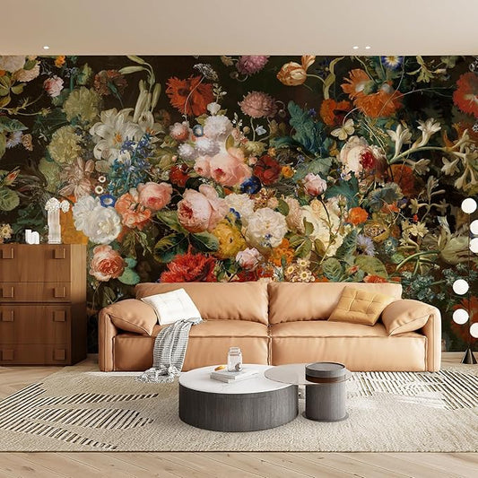 Zeeko Dark Floral Wallpaper Peel and Stick 148" W x 98" H Waterproof Canvas Fabric Vintage Moody Large Wall Mural Self Adhesive Removable Wall Paper for Bedroom Living Room Art Deco