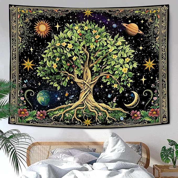 Zussun Tree of Life Tapestry Vintage Nature Green Plant Floral Flowers Celestial Tapestries for Bedroom Aesthetic Retro Sun Moon Stars Galaxy Tapestry Wall Hanging for Dorm Living Room 48 x 36 Inch