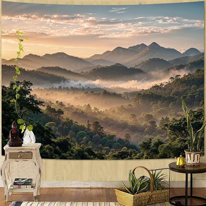 Zussun Nature Mountain Forest Tapestry Dawn Misty Green Tree Jungle Wall Tapestry for Bedroom Aesthetic Lush Sunshine Landscape Large Tapestries Wall Hanging for Dorm Living Room Decor 80 x 60 Inch