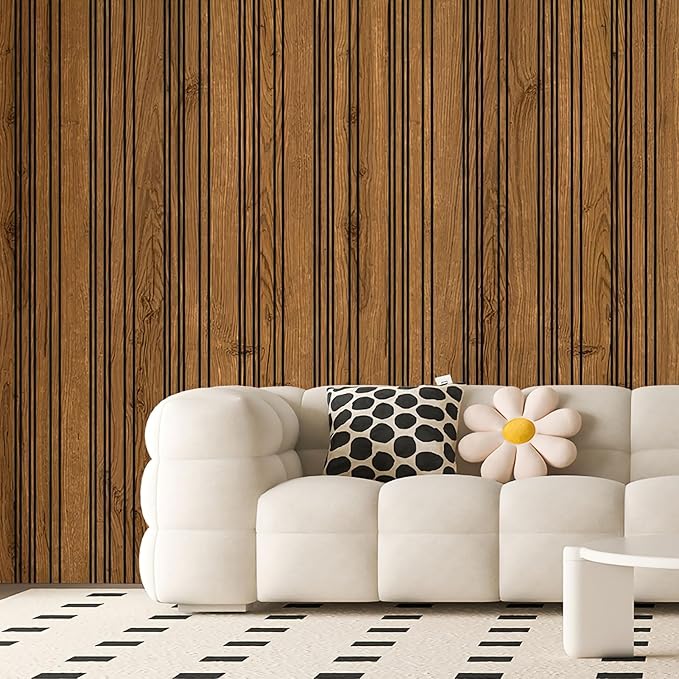 Art3d 4-Pack Glue-On Wall Panels, Wood Grain Texture Interior Wall Decor, 104"x12" Recycled Polystyrene Wainscoting Panels, Low Emission for Living Room Bedroom,Natural Teak