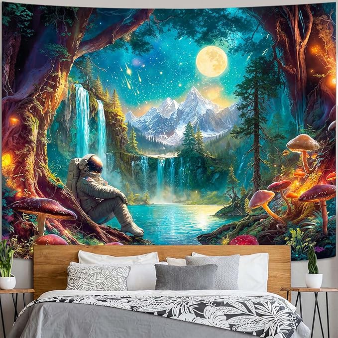 Zussun Mushroom Forest Tapestry Astronaut Nature Waterfull Snow Mountain Tapestry for Bedroom Aesthetic Fairy Moon Landscape Large Tapestries Wall Hanging for Dorm Living Room Decor 80 x 60 Inch