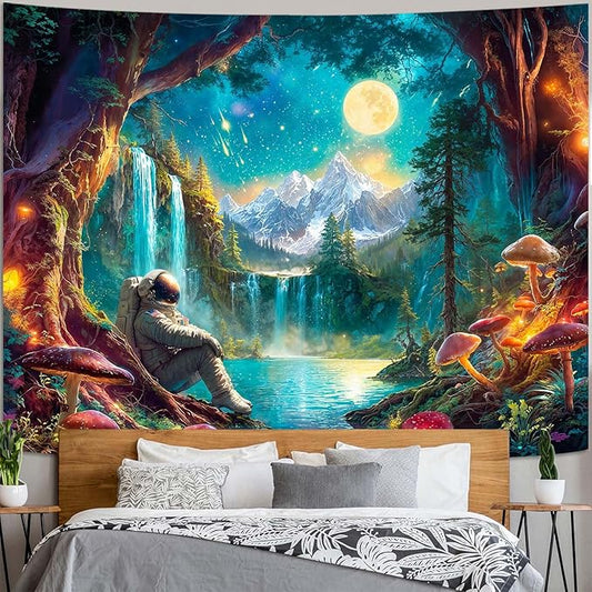 Zussun Mushroom Forest Tapestry Astronaut Nature Waterfull Snow Mountain Tapestry for Bedroom Aesthetic Fairy Moon Landscape Large Tapestries Wall Hanging for Dorm Living Room Decor 80 x 60 Inch