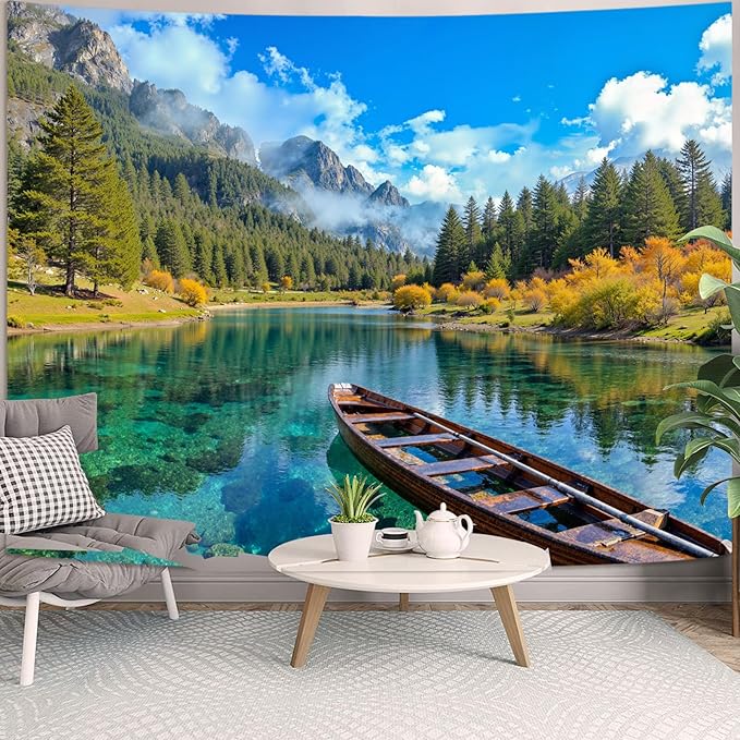 Zussun Nature Mountain Forest Tapestry Green Pine Tree Wall Tapestry for Bedroom Aesthetic Stream Boat Landscape Large Tapestries Wall Hanging for Dorm Living Room Decor 80 x 60 Inch