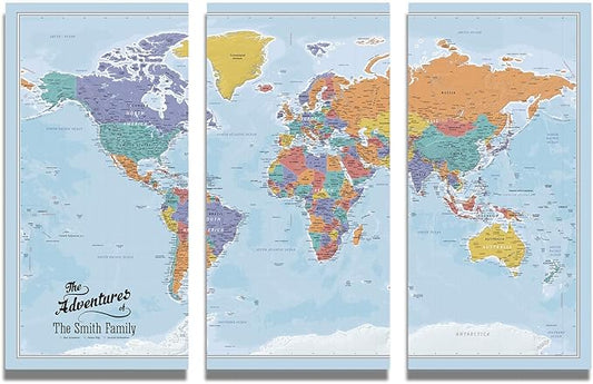 3 Panel - Personalized Canvas Blue Oceans Large Travel Map of the World