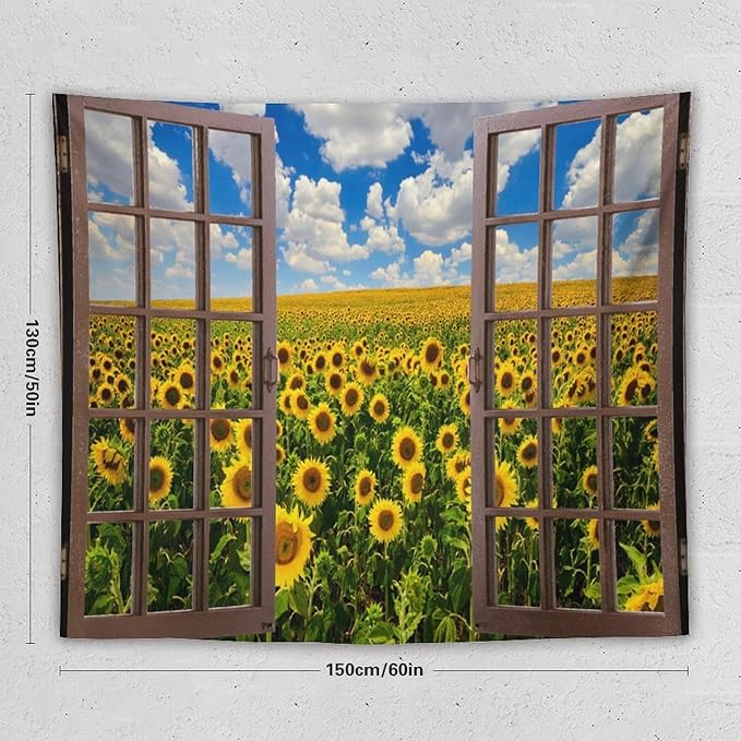 ZhiRain Sunflowers Scenery Tapestry Wall Hanging Fields Blue Sky White Clouds Landscape Tapestries Home Decor for Living Room Bedroom Farmhouse Apartment Dorm 50"x60"