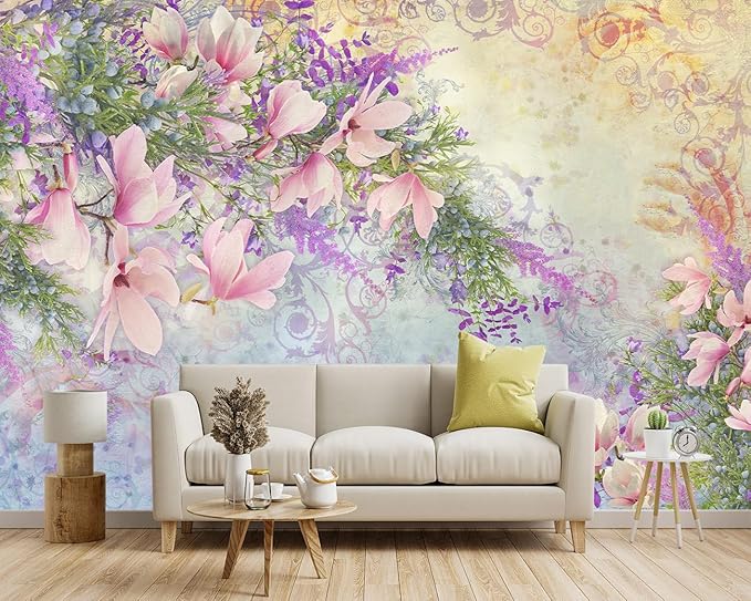 YIHWM -Magnolia Flower Botanical Floral Fabric Wallpaper Living Room Bedroom Bathroom Flowers Wall Mural- 91"x65"（ not Peel and Stick）