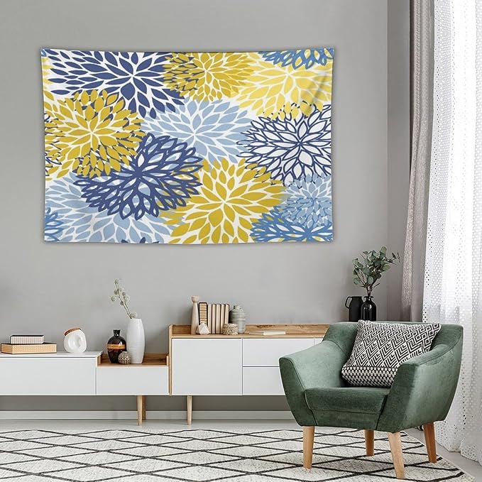 ZhiRain Blue Yellow Floral Tapestry Wall Hanging Boho Dahlia Chrisanthemum Flowers Pattern Tapestries Home Decor for Living Room Bedroom Farmhouse Apartment Dorm 40"x60"