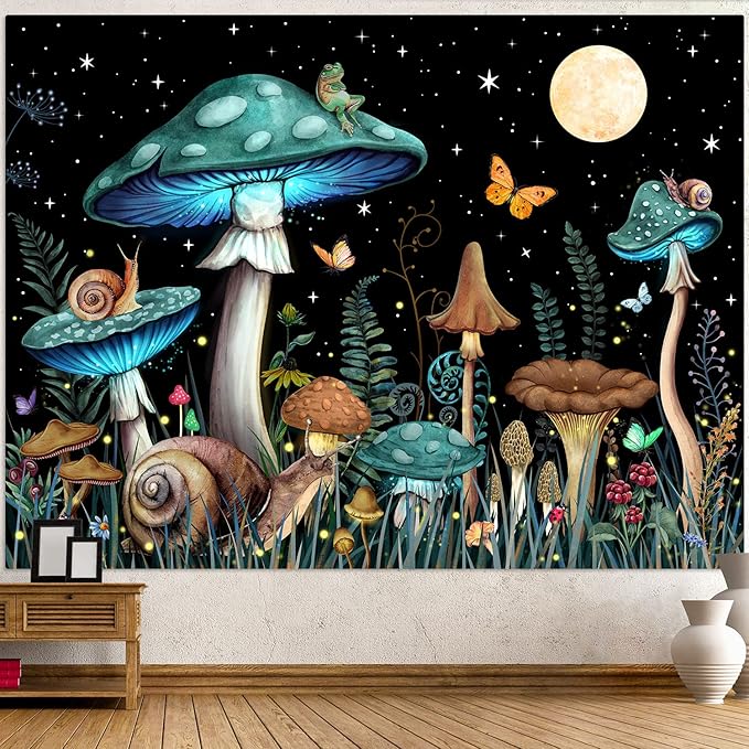 Zussun Teal Mushroom Tapestry Moon Star Tapestries for Bedroom Aesthetic Starry Night Green Plant Tapastrys Wall Hanging Butterfly Snail Frog Wall Tapestry for Living Room Dorm (Green, 90" x 68")