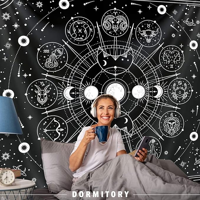 Zodiac Astrology Witchy Wall Tapestry, Black White Constellation for Wall Decor, Stars Space Psychedelic Bedroom Aesthetics, Living Room, Home, Dorm (70 x 90 inches)