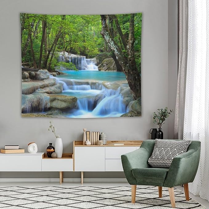 ZhiRain Waterfall Tree Tapestry Wall Hanging Natural Scenery Forest Garden Spring Stone River Tapestries Home Decor for Living Room Bedroom Apartment Farmhouse Dorm 50"x60"
