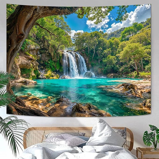 Zussun Nature Forest Tree Tapestry Flowing Waterfall Green Jungle Tapestry for Bedroom Aesthetic Teal Lake Landscape Small Tapestries Wall Hanging for Dorm Living Room Decor 60 x 44 Inch