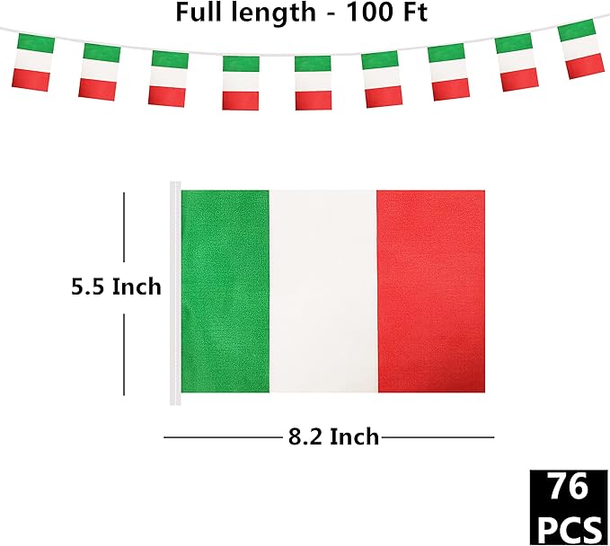 100 Feet Italy Italian Banner Flag String, Italy Mini Flag Small Banner, for Party, Shops and Bars Decorations, Outdoor Decorations, 76 Flags