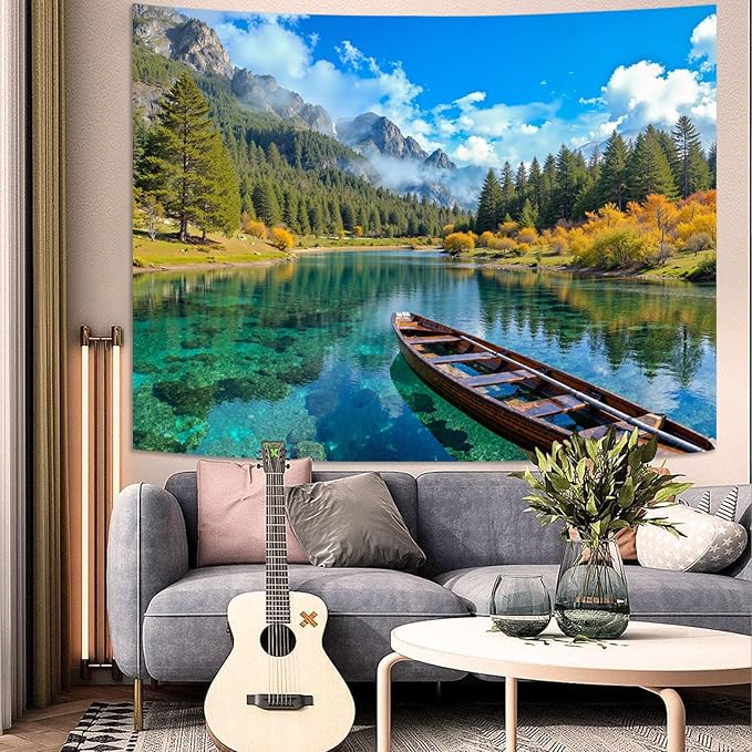 Zussun Nature Mountain Forest Tapestry Green Pine Tree Wall Tapestry for Bedroom Aesthetic Stream Boat Landscape Small Tapestries Wall Hanging for Dorm Living Room Decor 48 x 36 Inch
