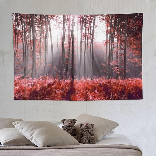 ZhiRain Red Forest Tapestry Wall Hanging Season Foggy Nature And Enchanted Woods Wild Trees Print Tapestries Home Decor for Living Room Bedroom Apartment Farmhouse Dorm 60"x90"