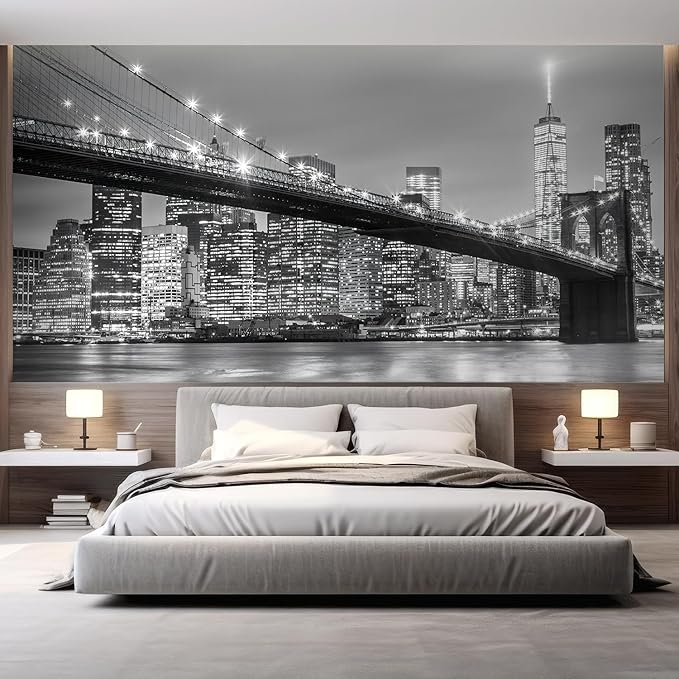 wall26 Brooklyn Bridge and New York City Manhattan Downtown Skyline at Dusk with Skyscrapers Removable Wall Mural Self-Adhesive Large Wallpaper - 48x72 inches