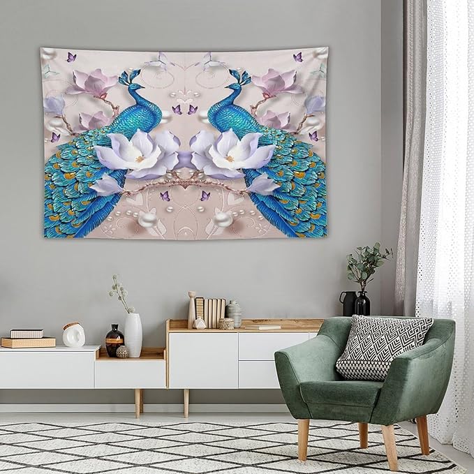 ZhiRain Peacock Tapestry Wall Hanging Beautiful Bird Flower Pearl Watercolor Pattern Print Tapestries Home Decor for Living Room Bedroom Farmhouse Apartment Dorm 40"x60"