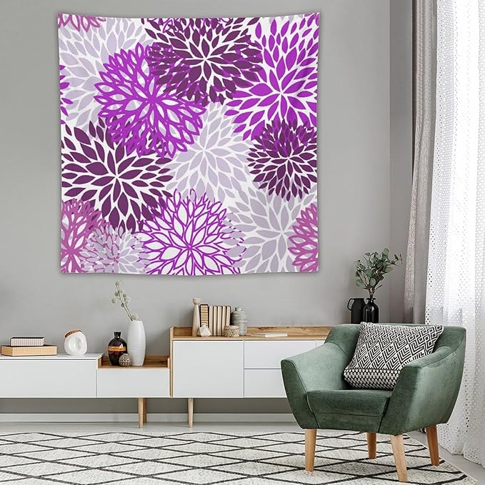 ZhiRain Dahlia Flower Tapestry Wall Hanging Purple Abstract Floral Chrisanthemum Pattern Tapestries Home Decor for Living Room Bedroom Farmhouse Apartment Dorm 60"x60"