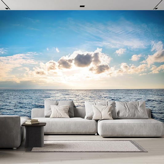 wall26 with Blue Water, Sky and Clouds. Sunset Above Seascape - Removable Wall Mural | Self-Adhesive Large Wallpaper - 132x168 inches