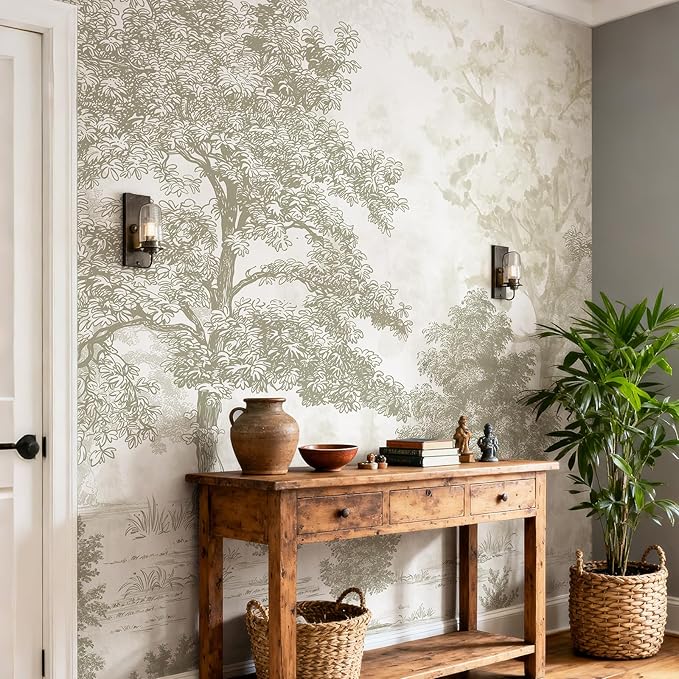 Zeeko Vintage Forest Wall Mural Peel and Stick 88.5" W x 110" H Beige Tree Wallpaper Self-Adhesive Large Nature Landscapes Murals Canvas Wall Decor for Bedroom Bathroom