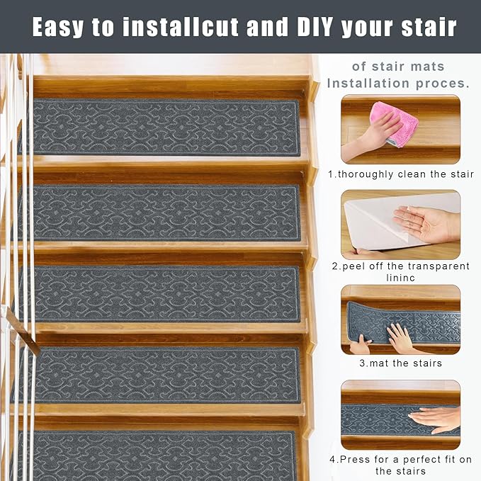 4Pcs Stair Treads for Wooden Steps Indoor with Self Adhesive, 8"x30" Non Slip Stair Runners-Peel & Stick Indoor Stair Carpet Runner, Resistant Indoor Runner for Kids、Elders and Pets,Dark Grey