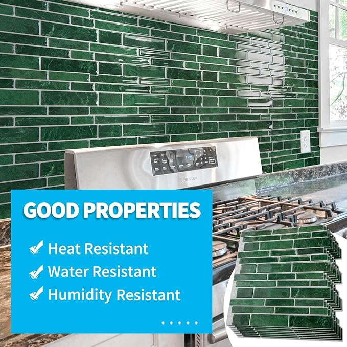 Art3d 10-Sheet Peel and Stick Backsplash Tile, Vinyl Stick On Wall Tile for Kitchen Bathroom Laundry Room, Marble Design 12" x 12" - Green