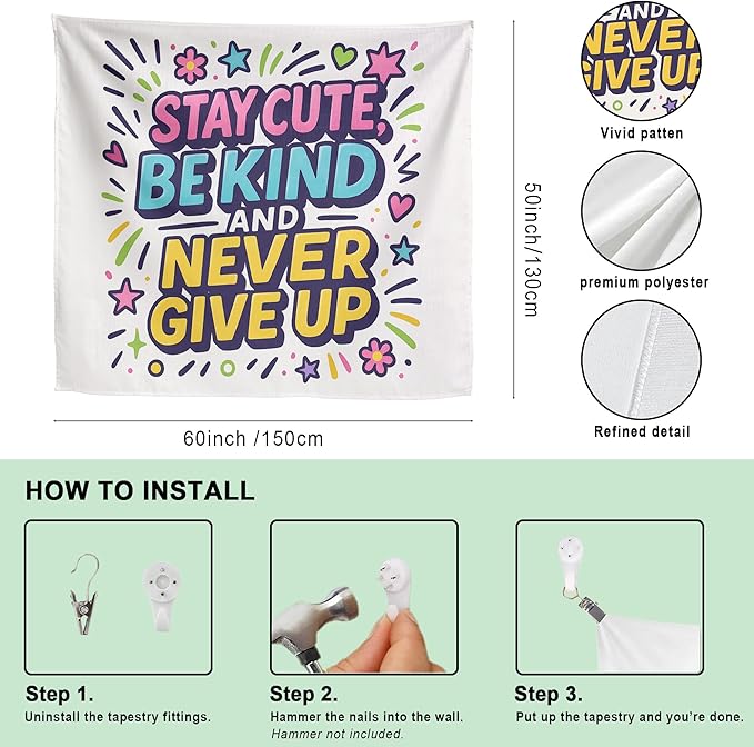 Xolytar Preppy Y2K Tapestry Stay Cute Be Kind - Funky Colorful Doodle Aesthetic, Cute Motivational Quote Wall Art for Teen Girls Bedroom, Indie Kid Dorm Decor (50x60)
